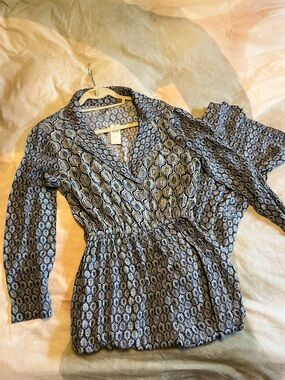Anthropologie Blue Patterned Long-Sleeve Wrap Jumpsuit